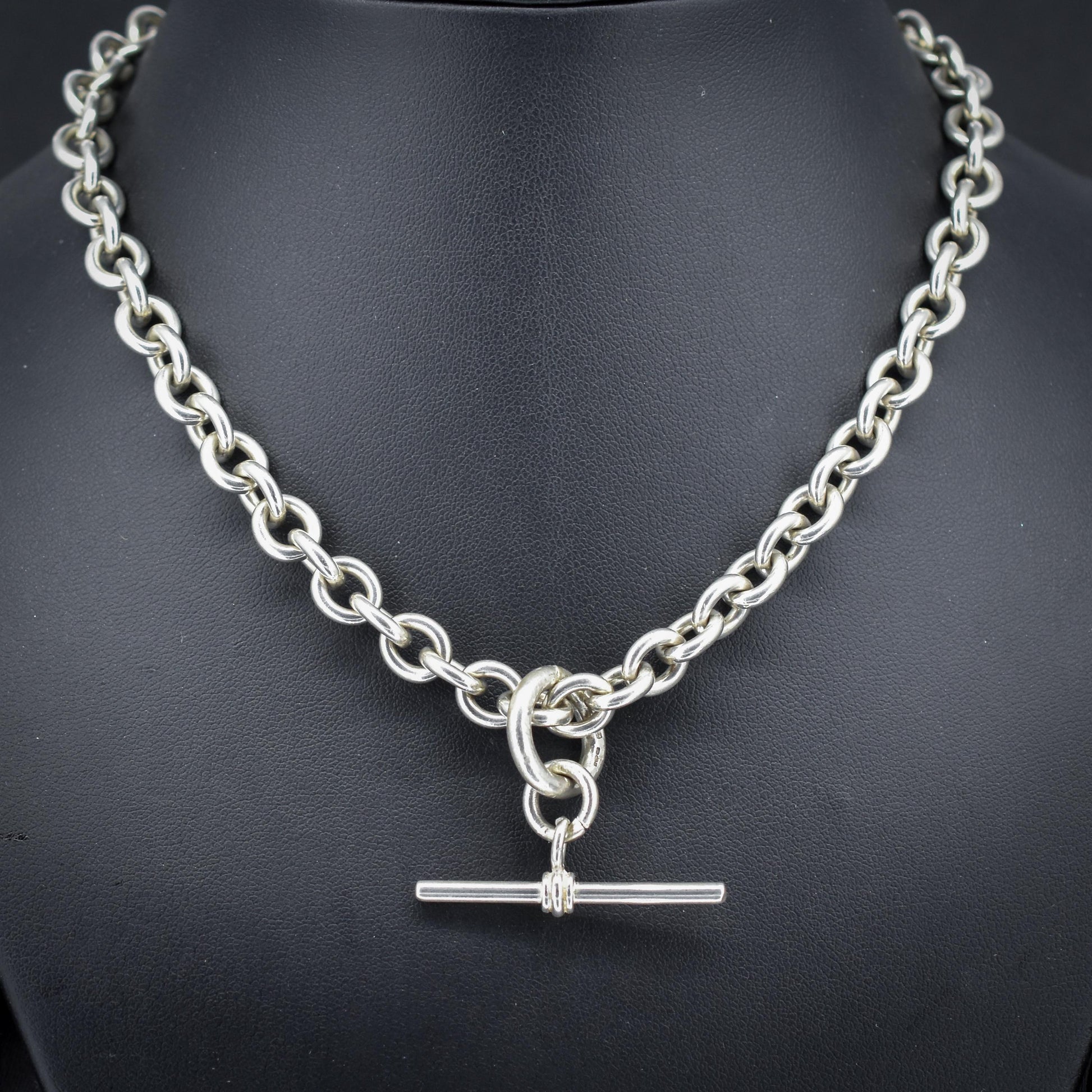 Vintage Sterling Silver Cable Link Watch Chain Necklace with T-Bar and Dog Clips – 15.5"