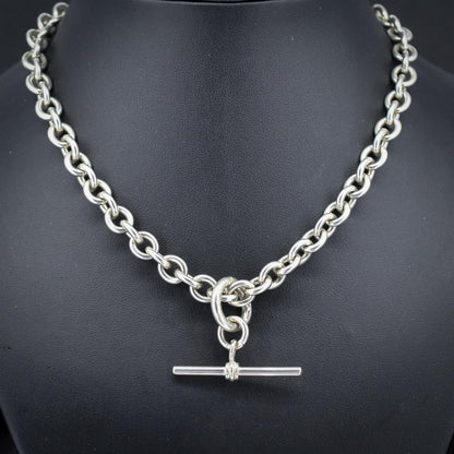 Vintage Sterling Silver Cable Link Watch Chain Necklace with T-Bar and Dog Clips – 15.5"