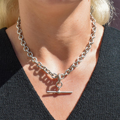 Vintage Sterling Silver Cable Link Watch Chain Necklace with T-Bar and Dog Clips – 15.5"