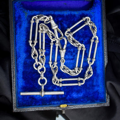 Antique '1902' Sterling Silver Trombone and Love Knot Albert Chain Necklace | 15.5"