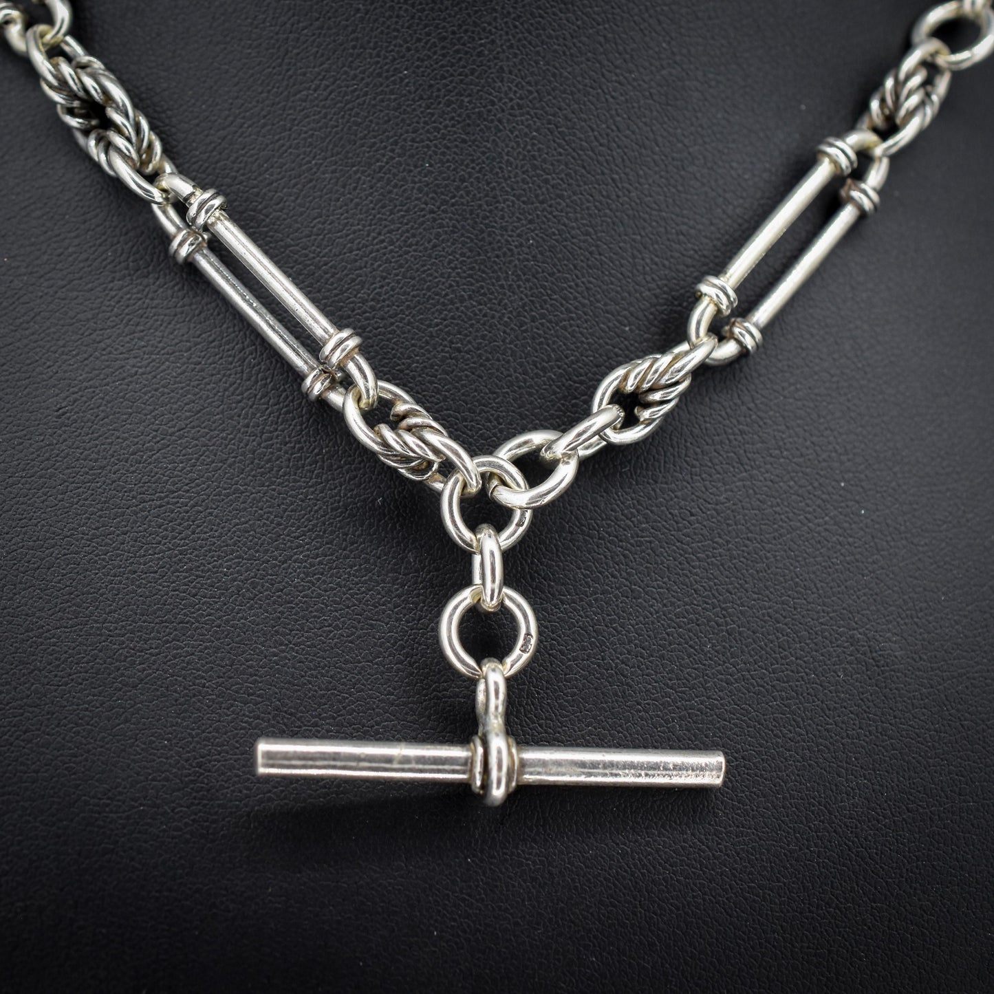 Antique '1902' Sterling Silver Trombone and Love Knot Albert Chain Necklace | 15.5"