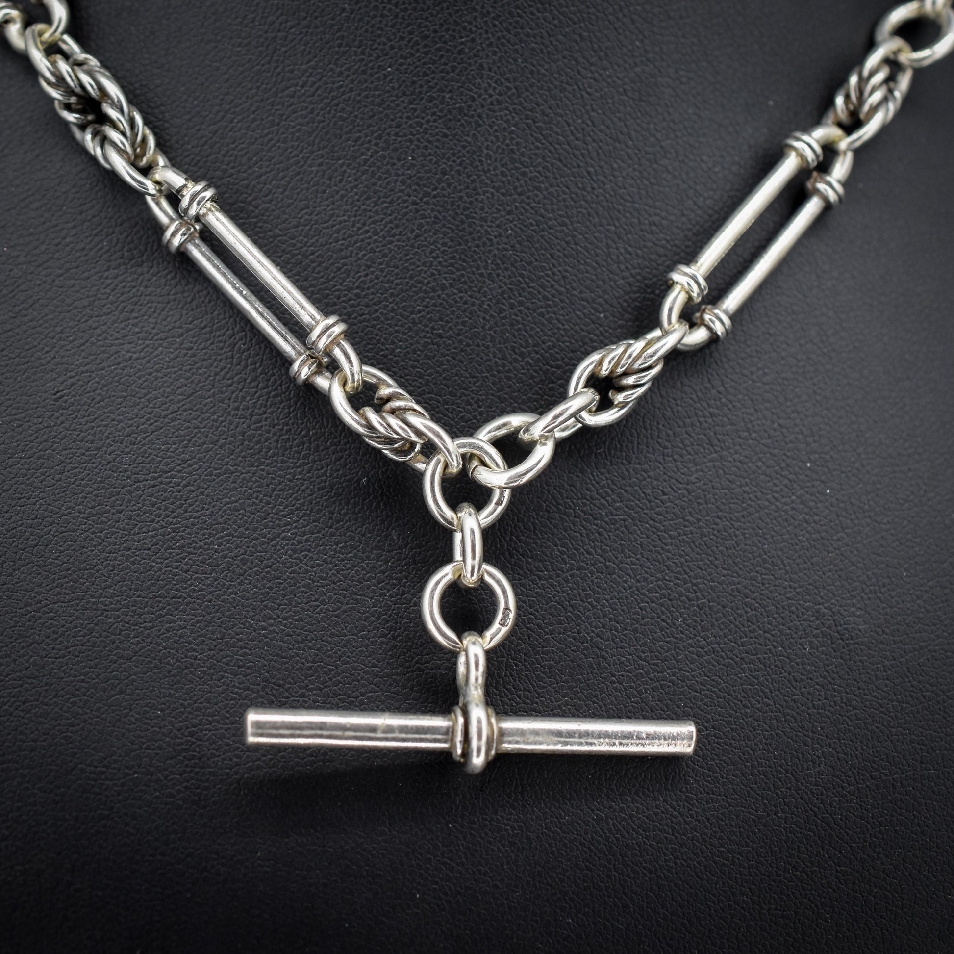 Antique '1902' Sterling Silver Trombone and Love Knot Albert Chain Necklace | 15.5"