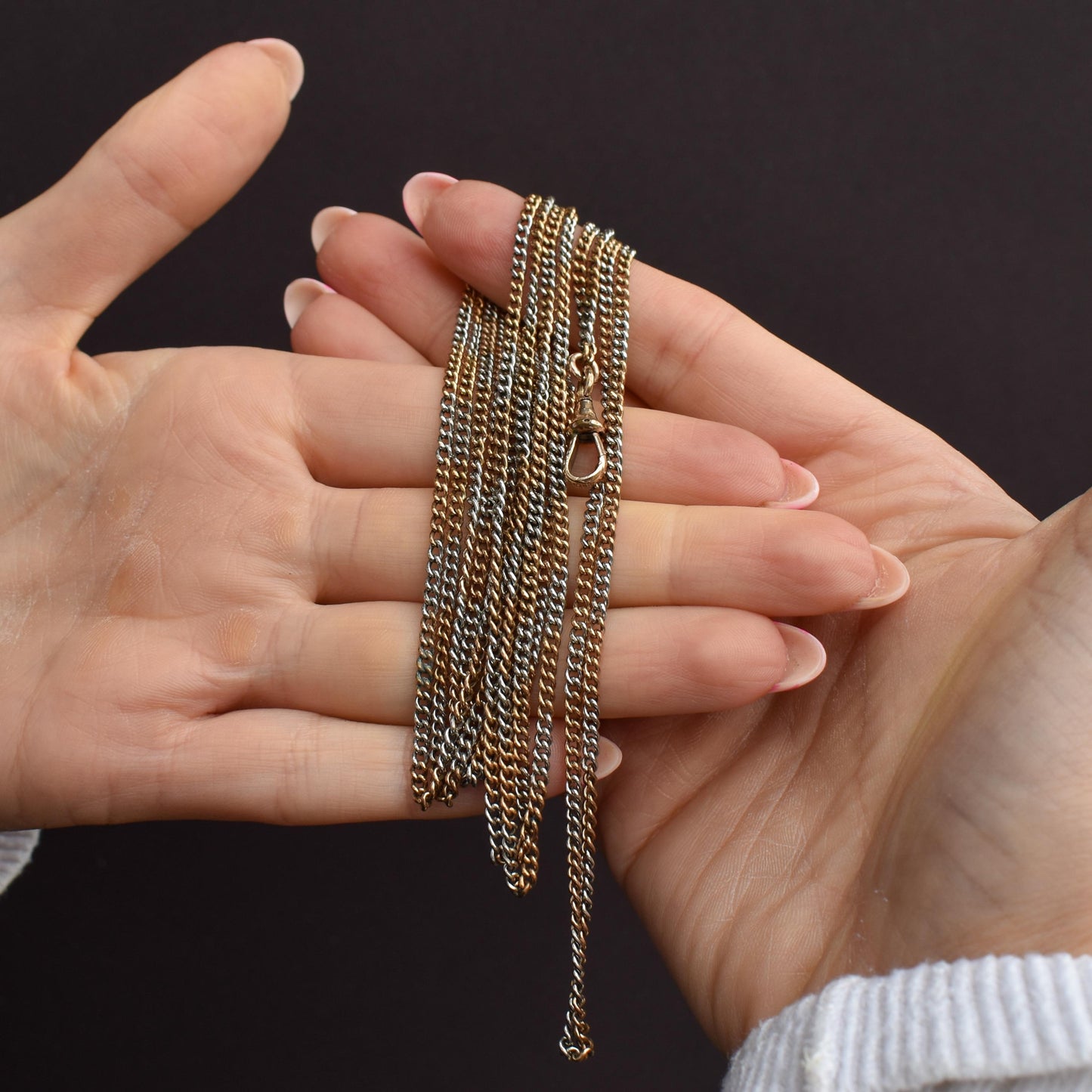 Antique Multi Tone Curb Long Guard Chain Necklace with Dog Clip | 62" length