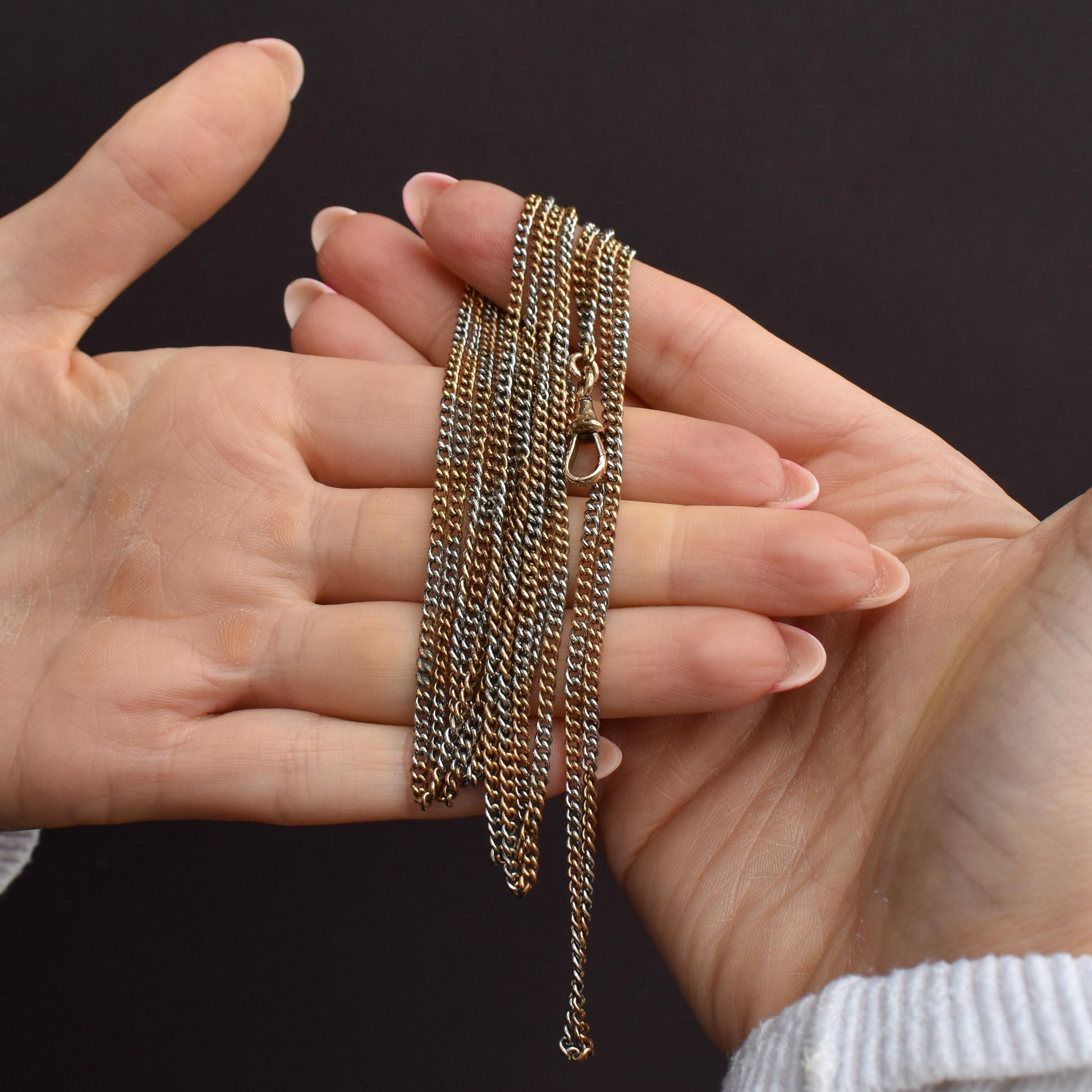 Antique Multi Tone Curb Long Guard Chain Necklace with Dog Clip | 62" length