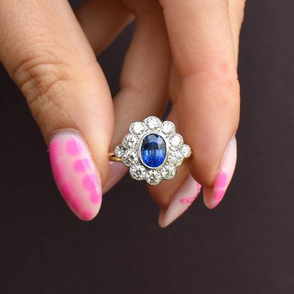 Edwardian Style 1.08ct Blue Sapphire and Diamond Oval Cluster Halo Ring