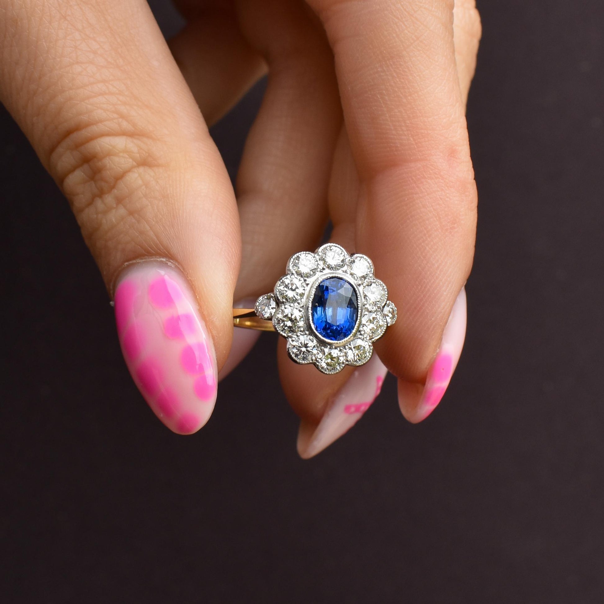Edwardian Style 1.08ct Blue Sapphire and Diamond Oval Cluster Halo Ring
