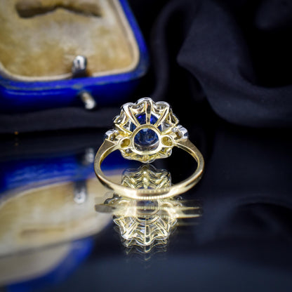 Edwardian Style 1.08ct Blue Sapphire and Diamond Oval Cluster Halo Ring