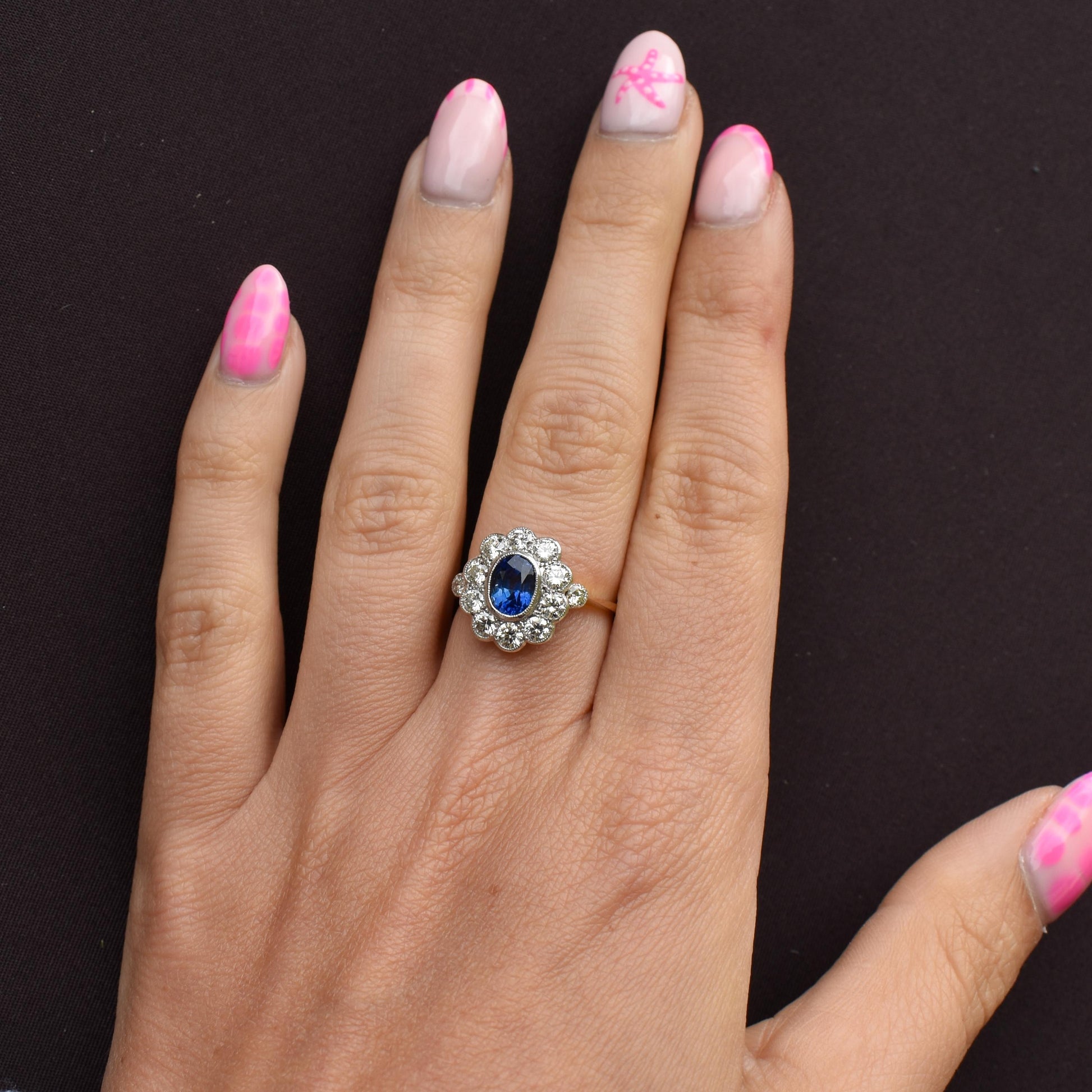 Edwardian Style 1.08ct Blue Sapphire and Diamond Oval Cluster Halo Ring