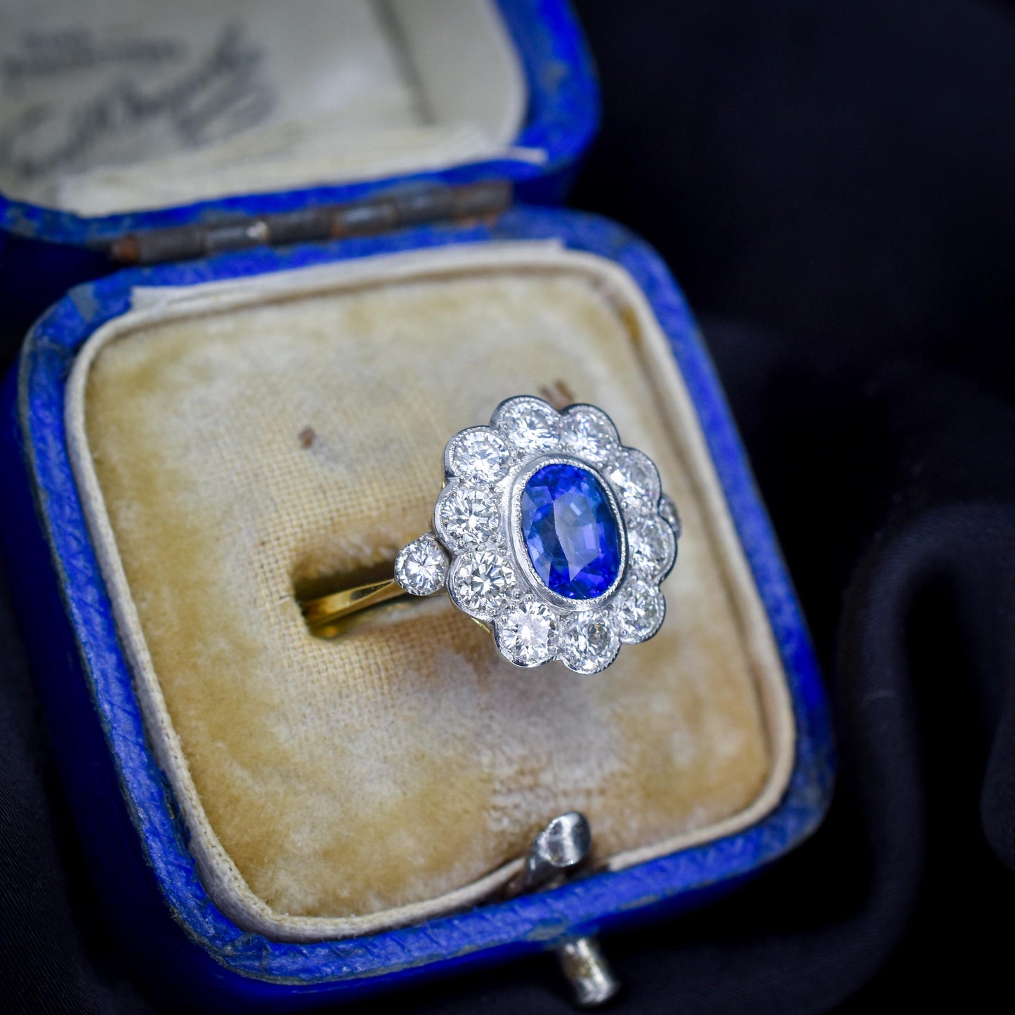 Edwardian Style 1.08ct Blue Sapphire and Diamond Oval Cluster Halo Ring