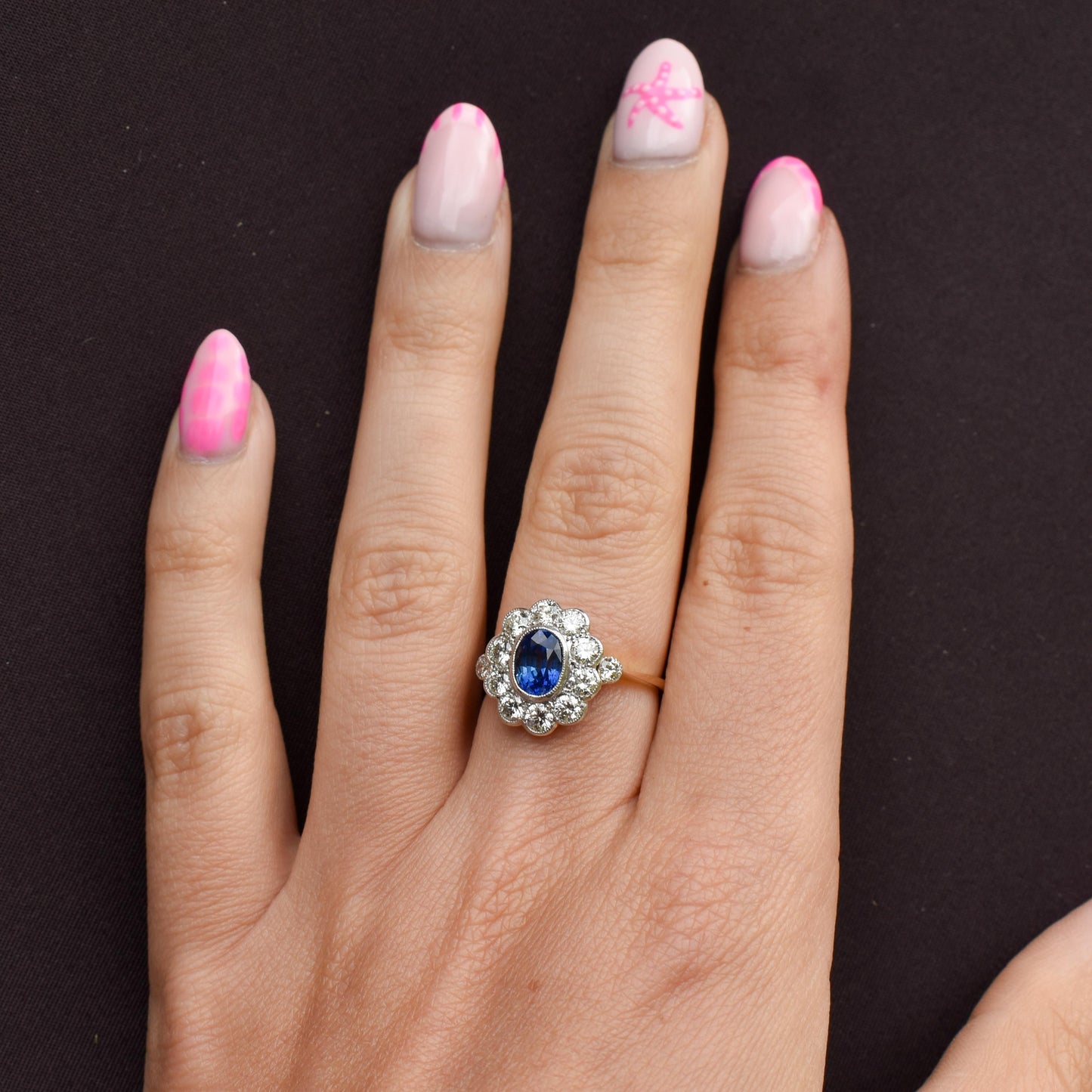 Edwardian Style 1.08ct Blue Sapphire and Diamond Oval Cluster Halo Ring