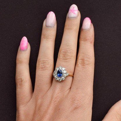 Edwardian Style 1.08ct Blue Sapphire and Diamond Oval Cluster Halo Ring