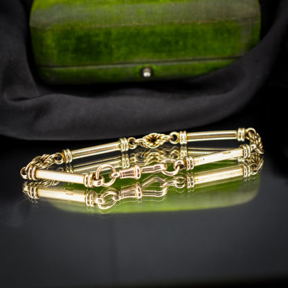 Antique 9ct Gold Tubular Bar and Love Knot Link Bracelet with Dog Clip 8"