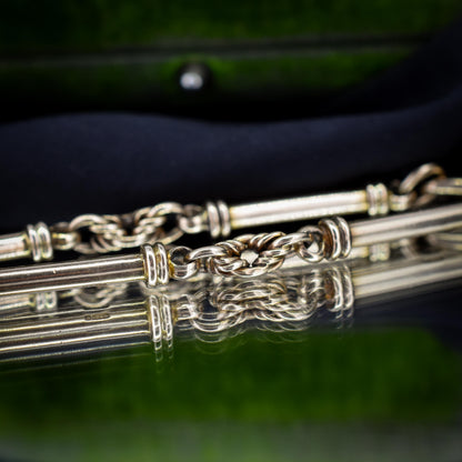 Antique 9ct Gold Tubular Bar and Love Knot Link Bracelet with Dog Clip 8"