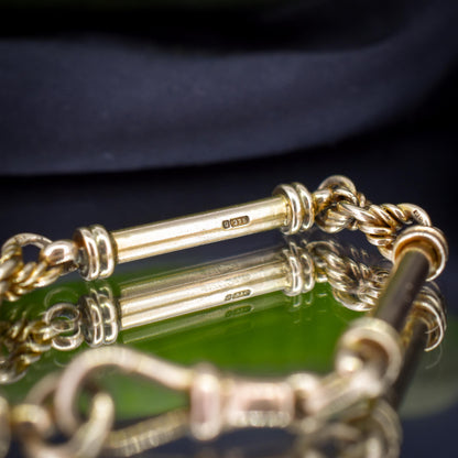 Antique 9ct Gold Tubular Bar and Love Knot Link Bracelet with Dog Clip 8"