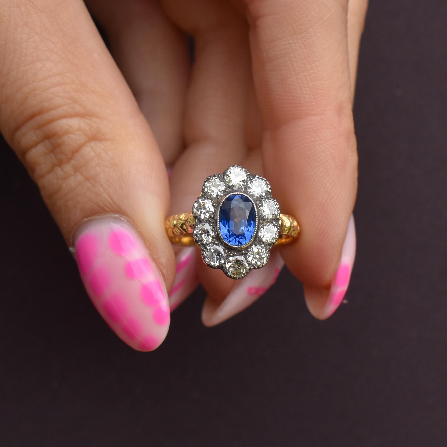 0.88ct Blue Sapphire and Diamond Oval Cluster 18ct Gold Ring