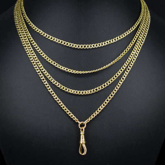 Antique '1904' 9ct Solid Gold Curb Link Guard Chain Necklace with Dog Clip | 58"