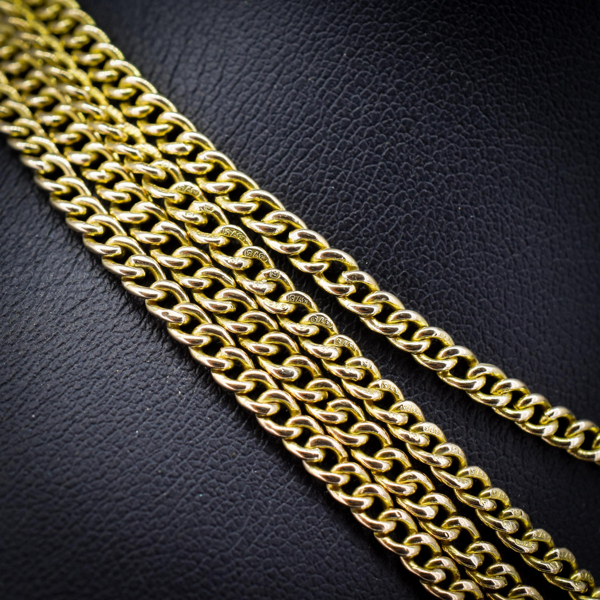 Antique '1904' 9ct Solid Gold Curb Link Guard Chain Necklace with Dog Clip | 58"