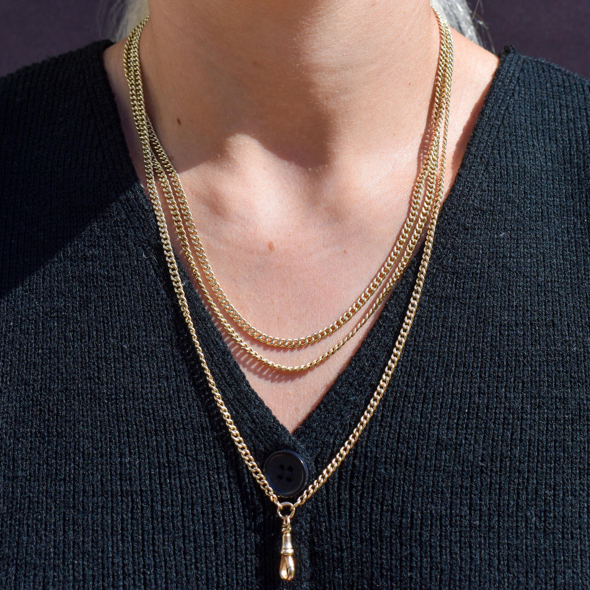 Antique '1904' 9ct Solid Gold Curb Link Guard Chain Necklace with Dog Clip | 58"