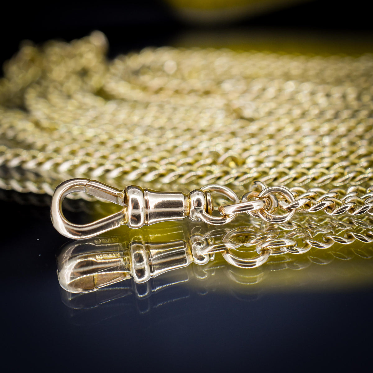 Antique '1904' 9ct Solid Gold Curb Link Guard Chain Necklace with Dog Clip | 58"