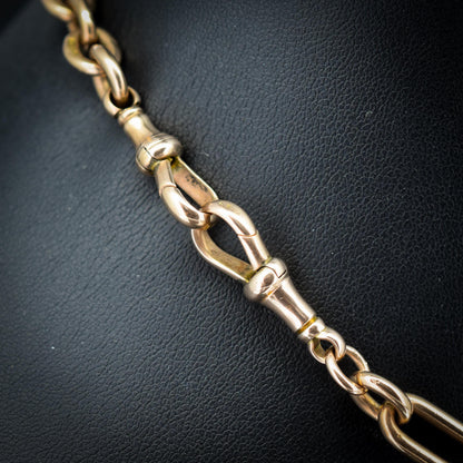 Antique '1902' 9ct Gold Trombone Link Chain Necklace with Dog Clip and T-bar 14.5"
