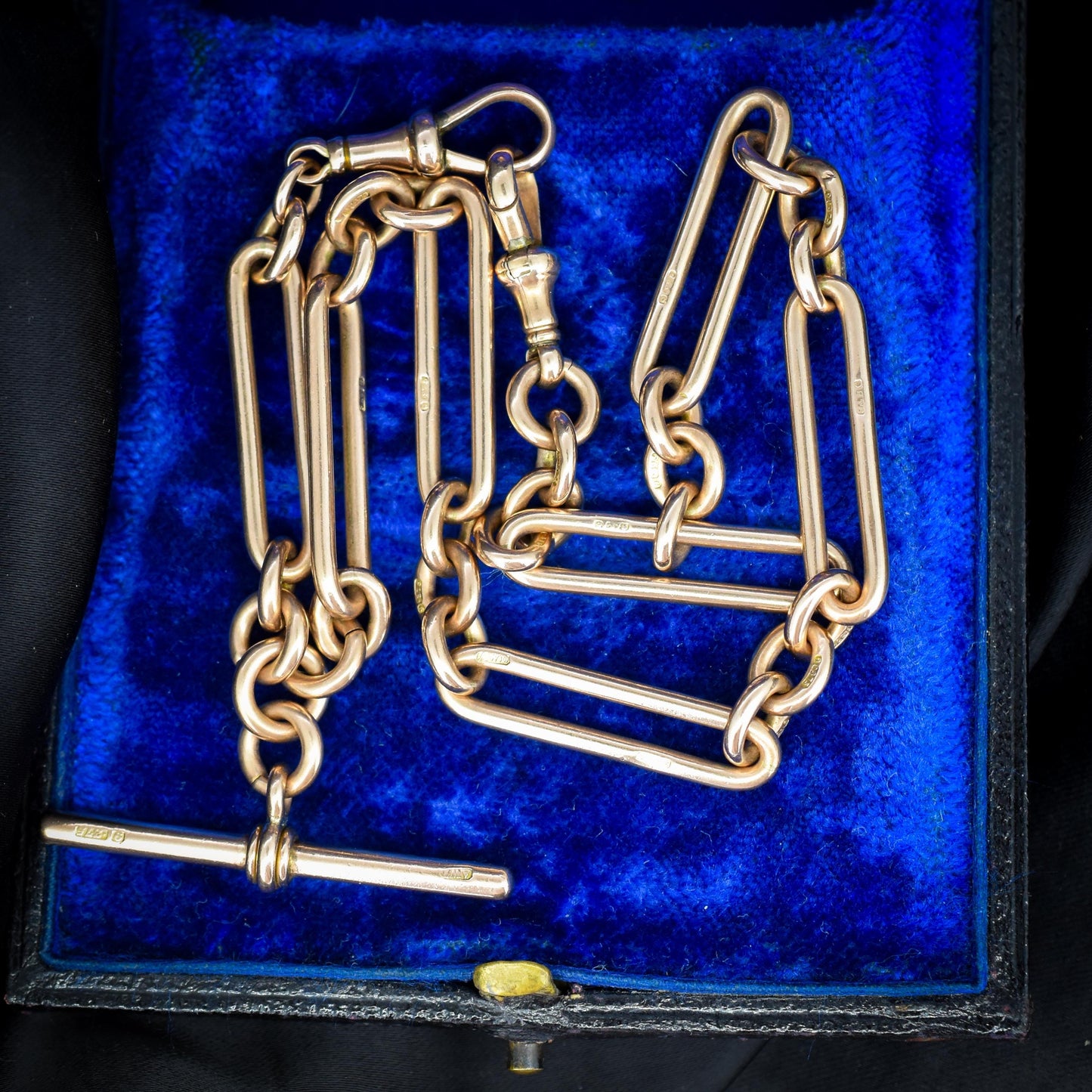 Antique '1902' 9ct Gold Trombone Link Chain Necklace with Dog Clip and T-bar 14.5"