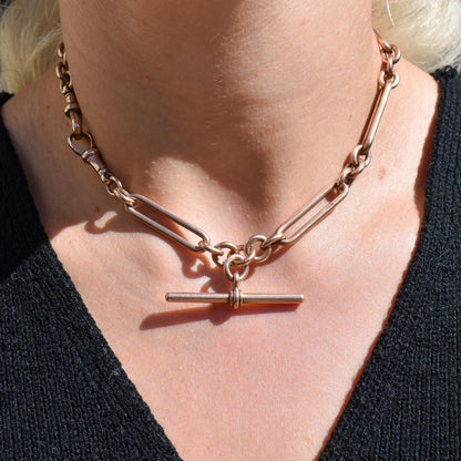 Antique '1902' 9ct Gold Trombone Link Chain Necklace with Dog Clip and T-bar 14.5"