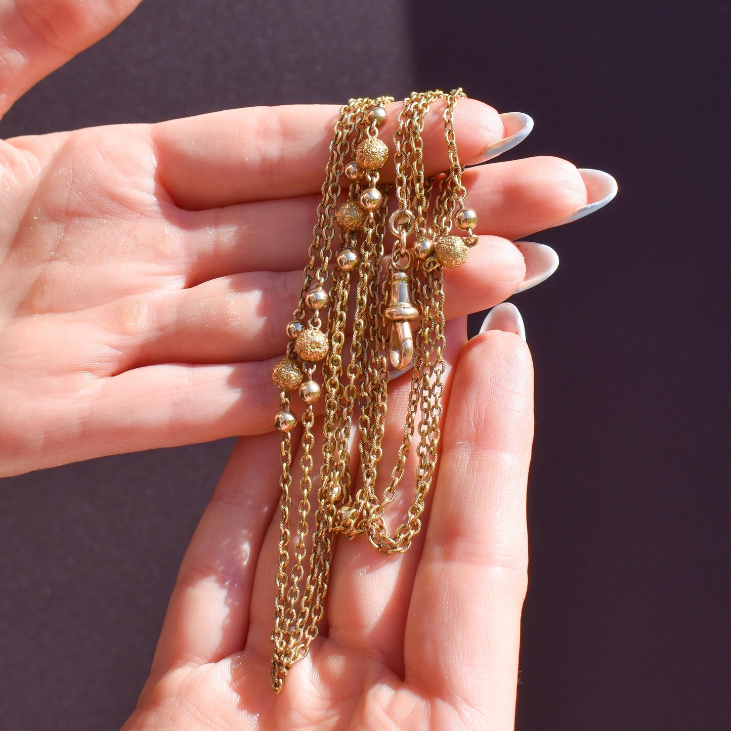Antique Victorian 15ct Gold Long Fancy Ball Guard Chain Necklace 52"