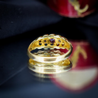 Antique Edwardian Ruby and Diamond 18ct Yellow Gold Boat Ring | Chester 1909