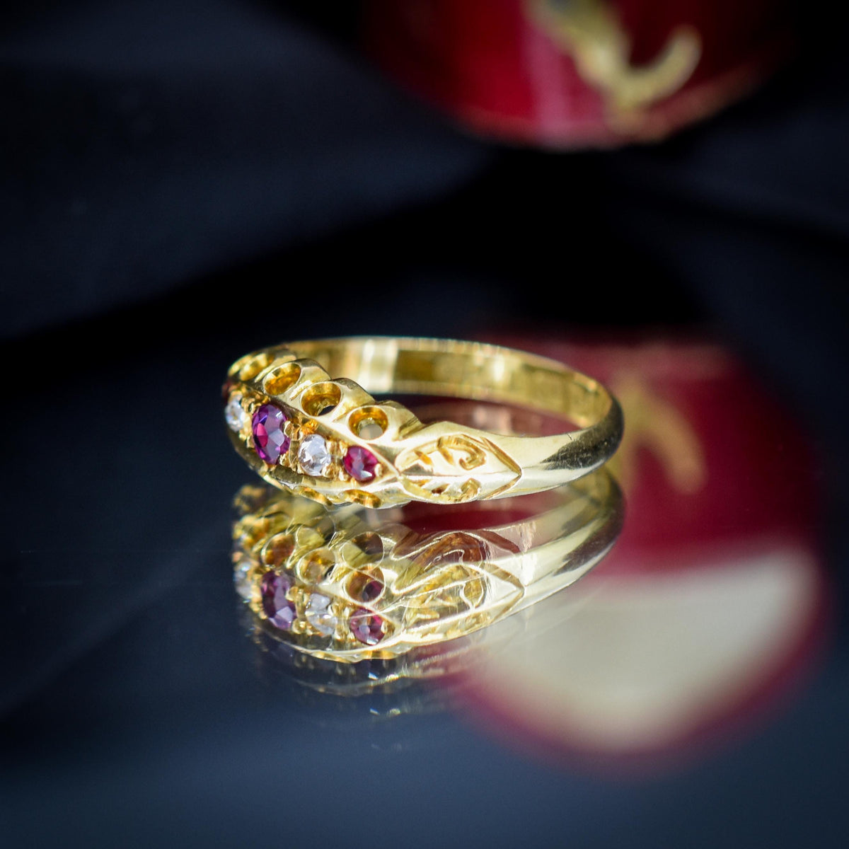 Antique Edwardian Ruby and Diamond 18ct Yellow Gold Boat Ring | Chester 1909