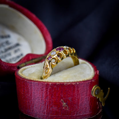 Antique Edwardian Ruby and Diamond 18ct Yellow Gold Boat Ring | Chester 1909