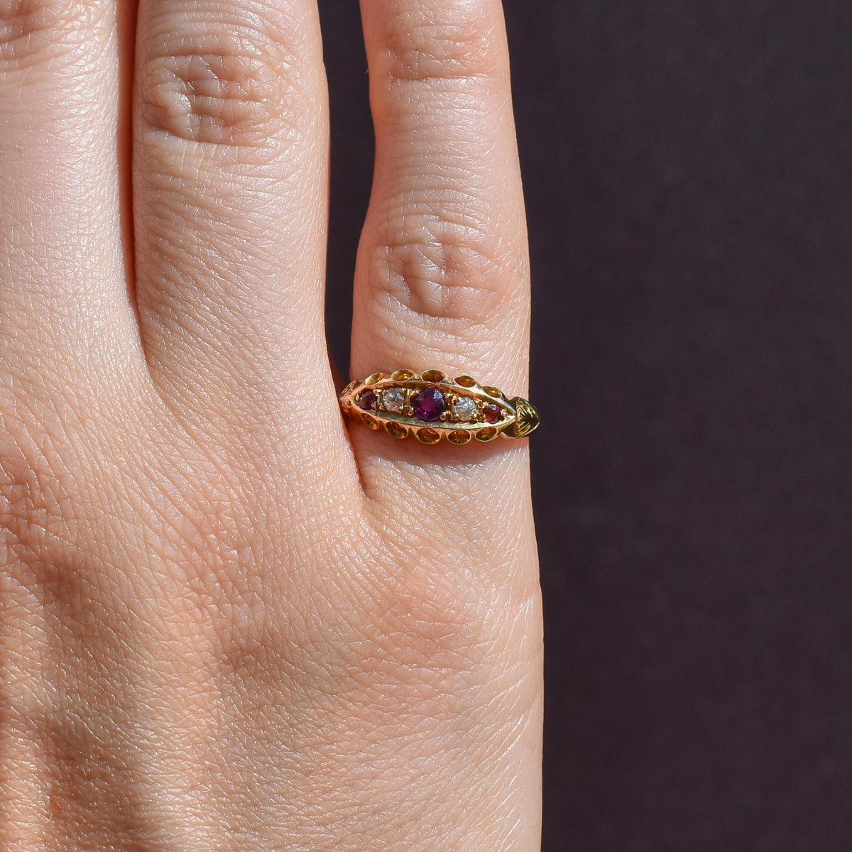 Antique Edwardian Ruby and Diamond 18ct Yellow Gold Boat Ring | Chester 1909