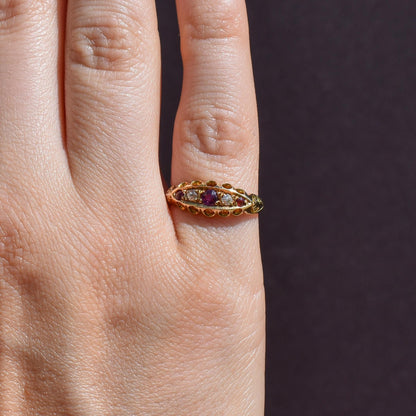 Antique Edwardian Ruby and Diamond 18ct Yellow Gold Boat Ring | Chester 1909