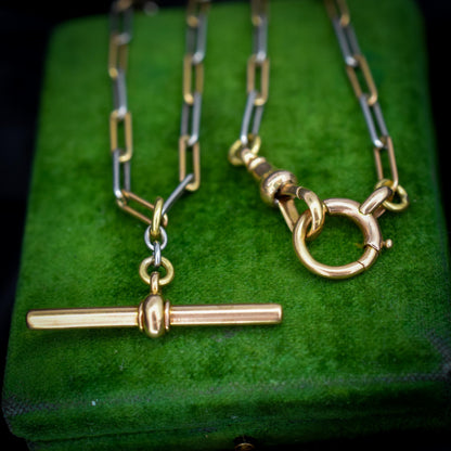 Antique 18ct Gold and Platinum Paper Link Trombone Watch Chain with Dog Clip and Bolt Ring | 12.75"