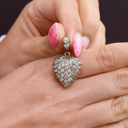 Antique Old Cut Paste Sterling Silver Puffy Heart Pendant