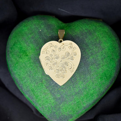 Vintage 9ct Yellow Gold Engraved Floral Heart Locket Pendant