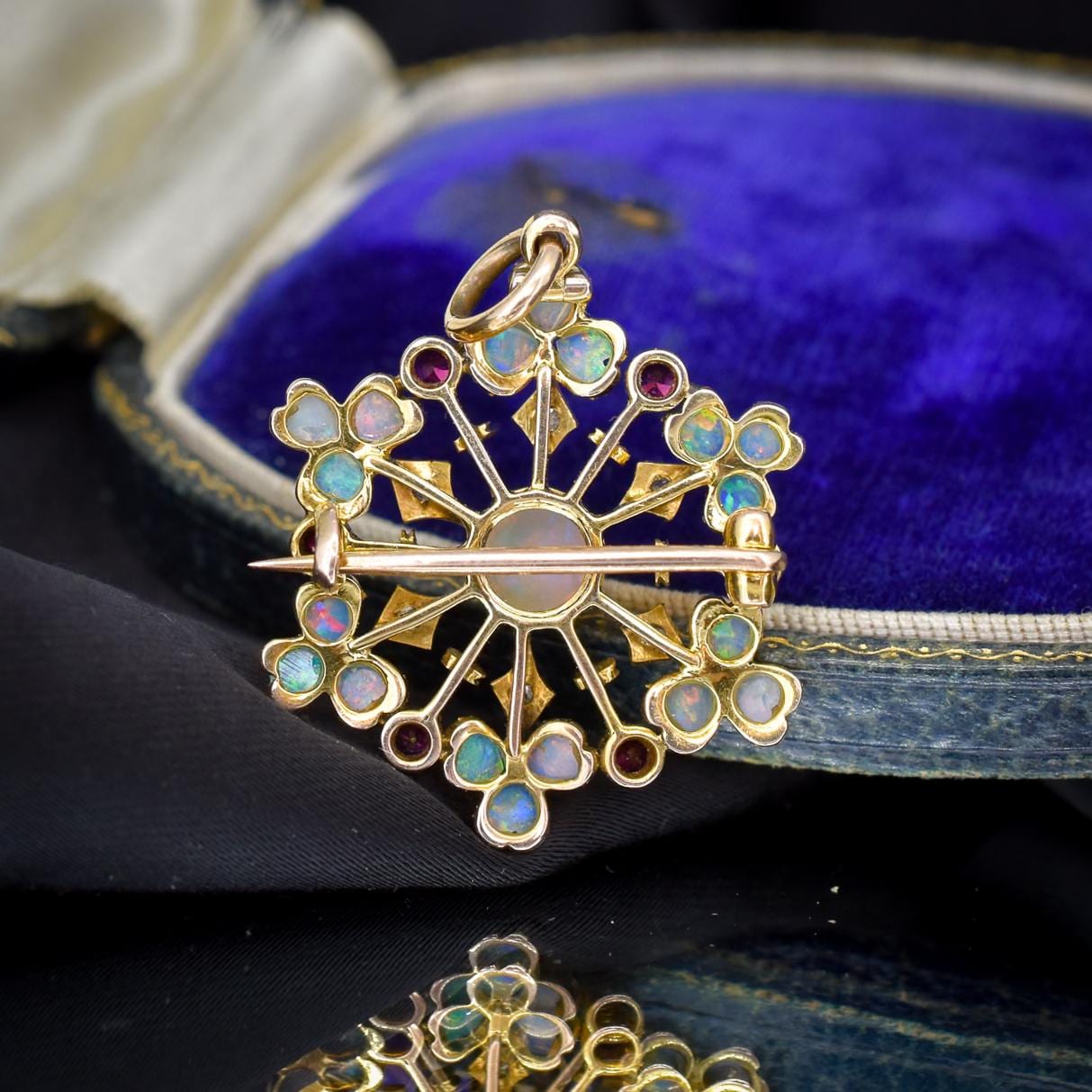 Antique Natural Opal Ruby and Diamond Flower Brooch and Pendant