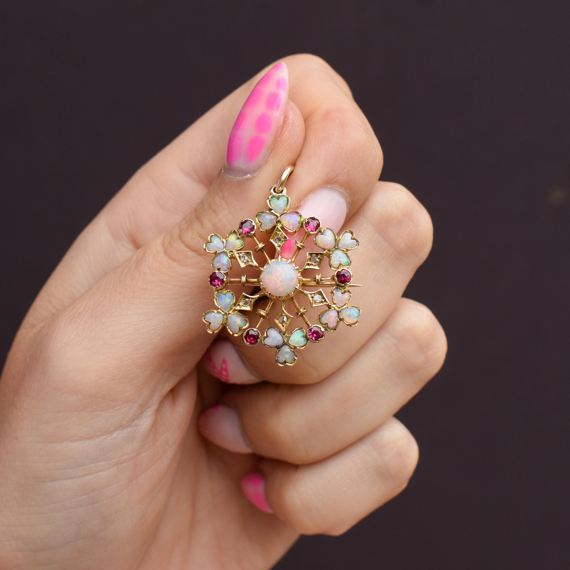 Antique Natural Opal Ruby and Diamond Flower Brooch and Pendant