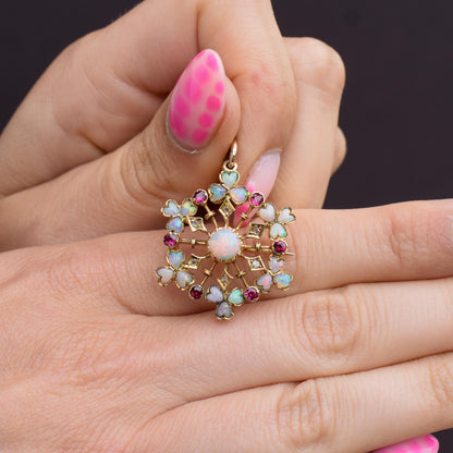 Antique Natural Opal Ruby and Diamond Flower Brooch and Pendant