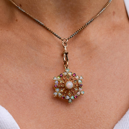 Antique Natural Opal Ruby and Diamond Flower Brooch and Pendant