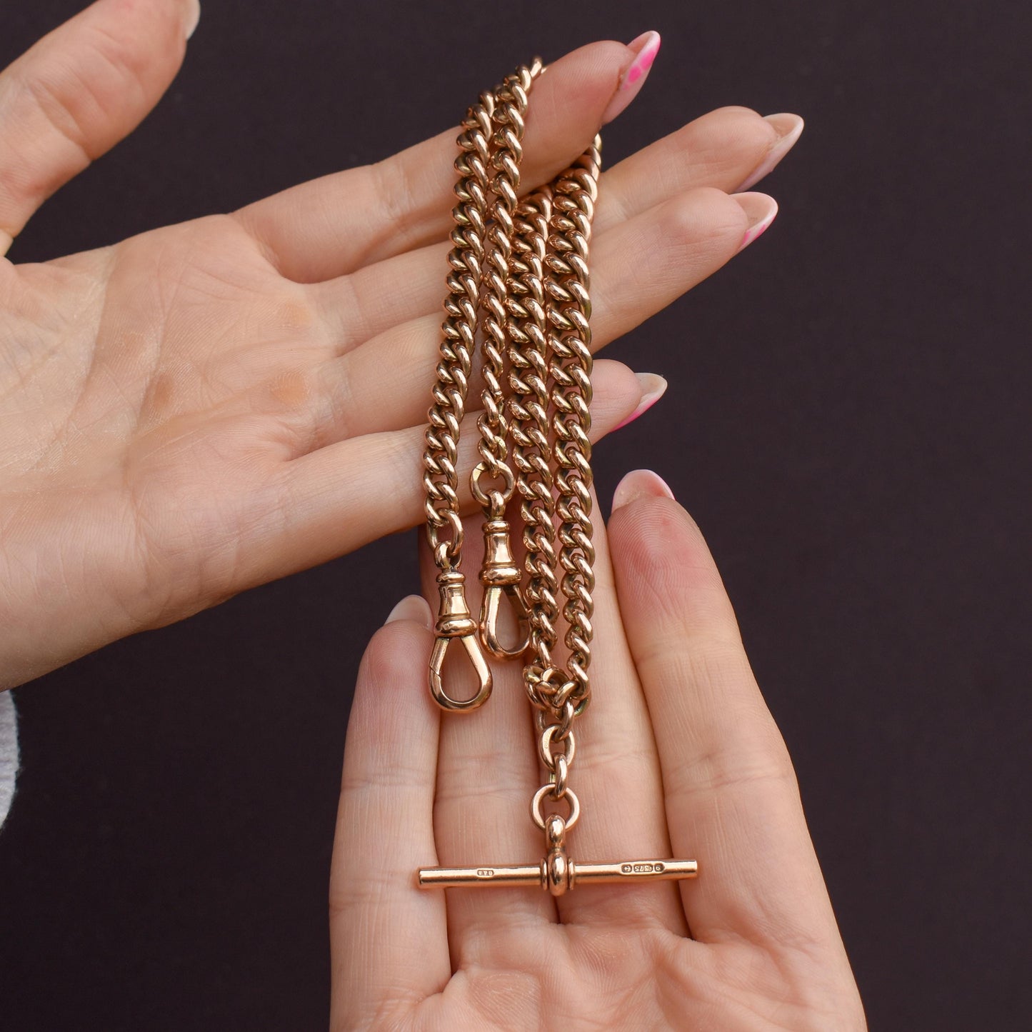 Antique Chester 1921 9ct Gold Graduated Curb Link Albert Watch Chain Necklace - 16.75"