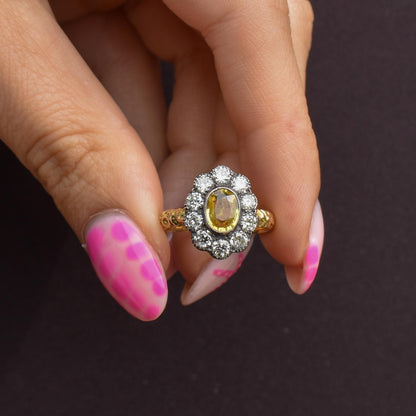 Yellow Sapphire and 0.90ct Old Cut Diamond Oval Cluster 18ct Gold Ring