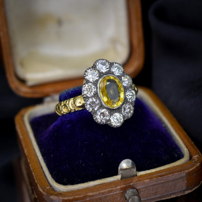 Yellow Sapphire and 0.90ct Old Cut Diamond Oval Cluster 18ct Gold Ring