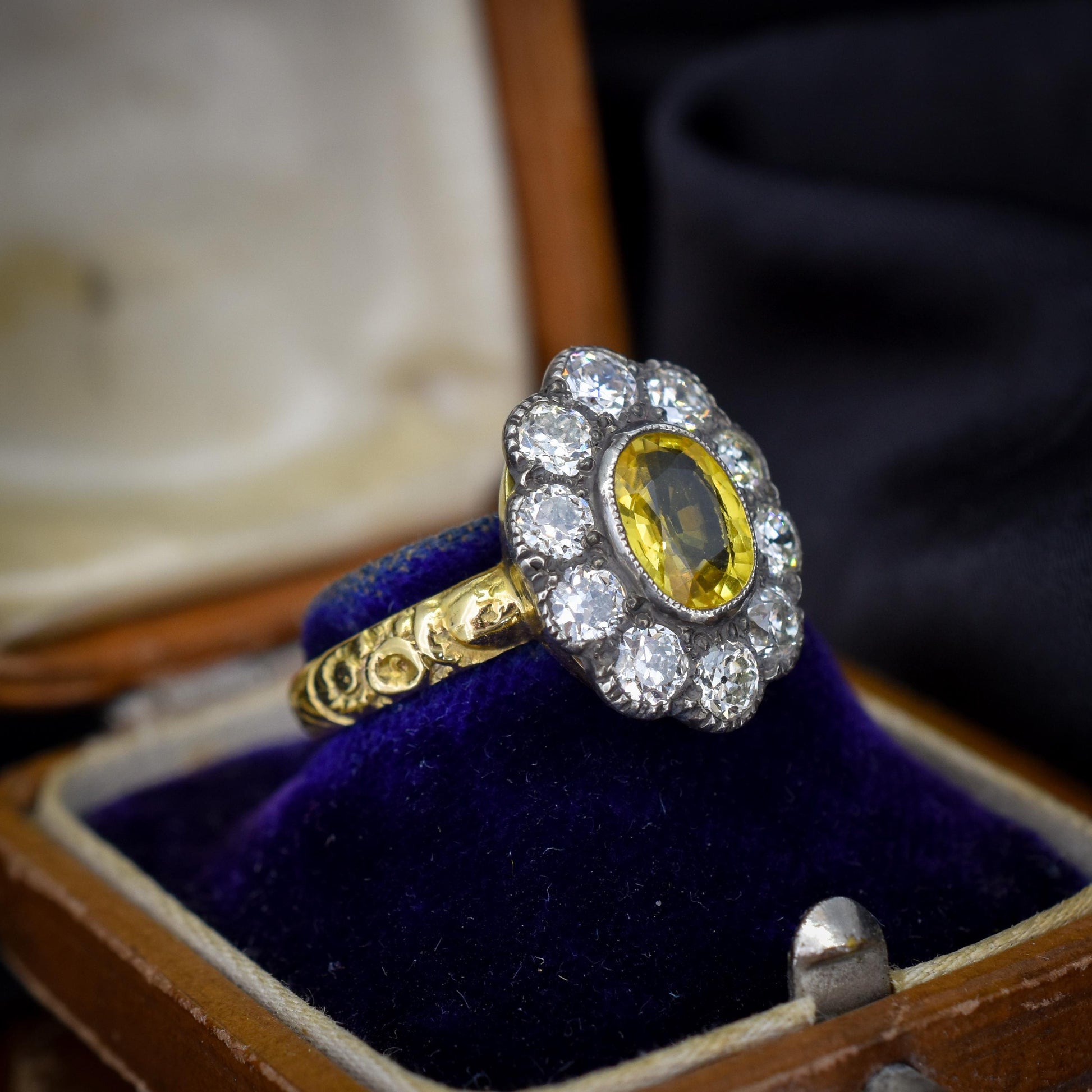 Yellow Sapphire and 0.90ct Old Cut Diamond Oval Cluster 18ct Gold Ring