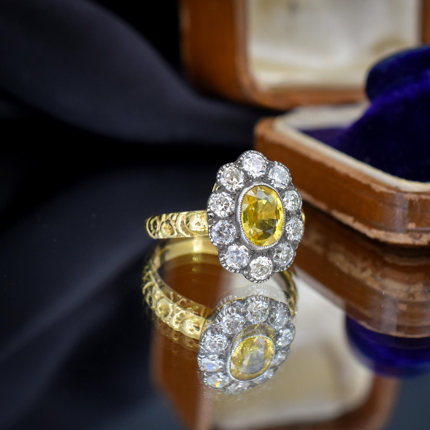 Yellow Sapphire and 0.90ct Old Cut Diamond Oval Cluster 18ct Gold Ring