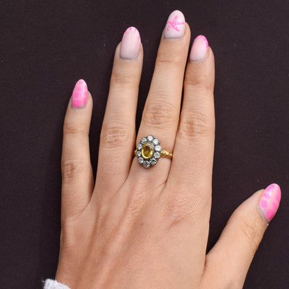 Yellow Sapphire and 0.90ct Old Cut Diamond Oval Cluster 18ct Gold Ring