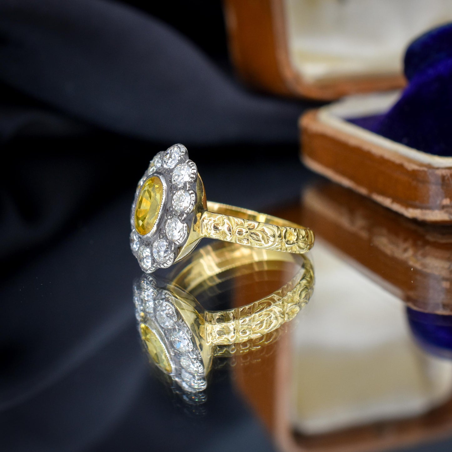 Yellow Sapphire and 0.90ct Old Cut Diamond Oval Cluster 18ct Gold Ring