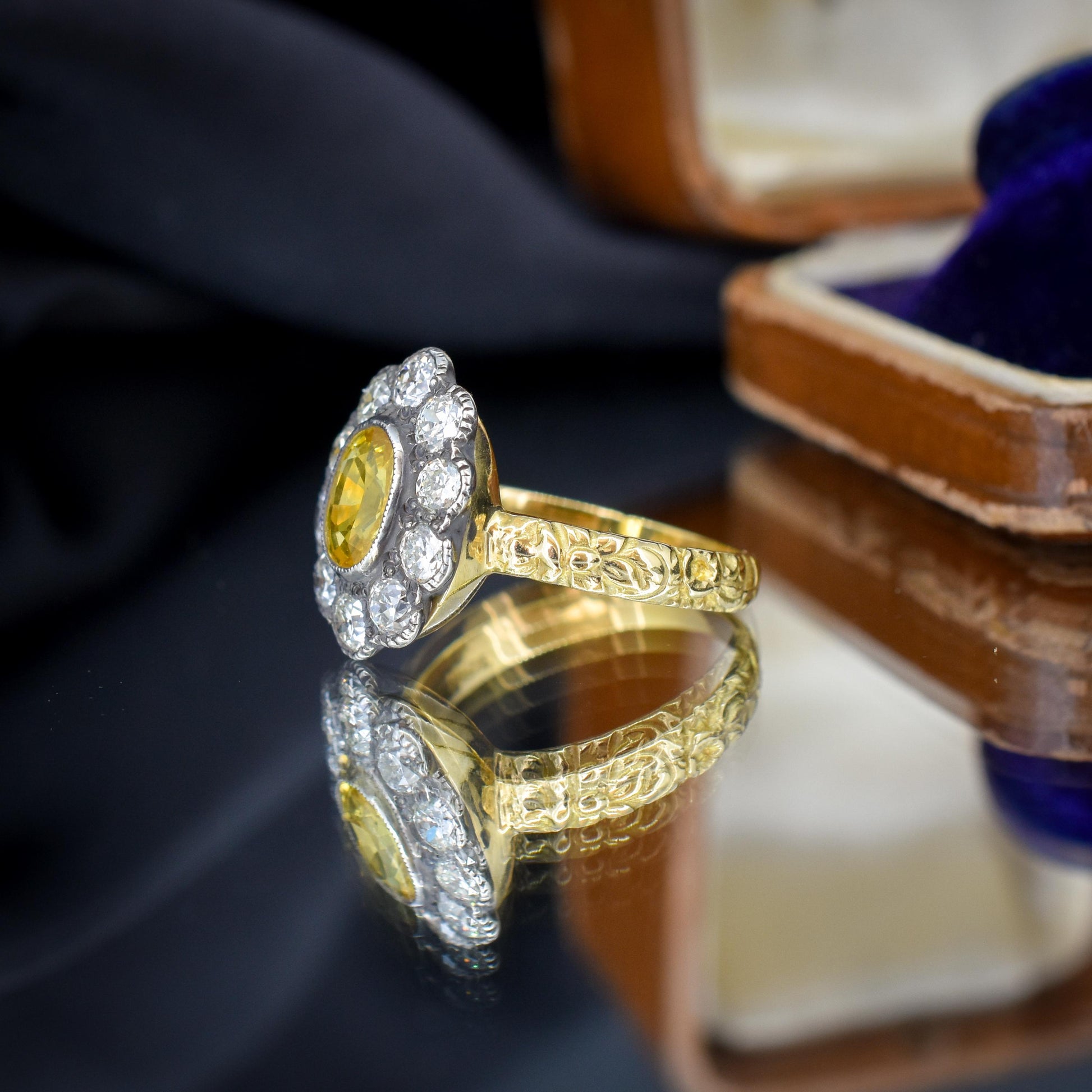 Yellow Sapphire and 0.90ct Old Cut Diamond Oval Cluster 18ct Gold Ring
