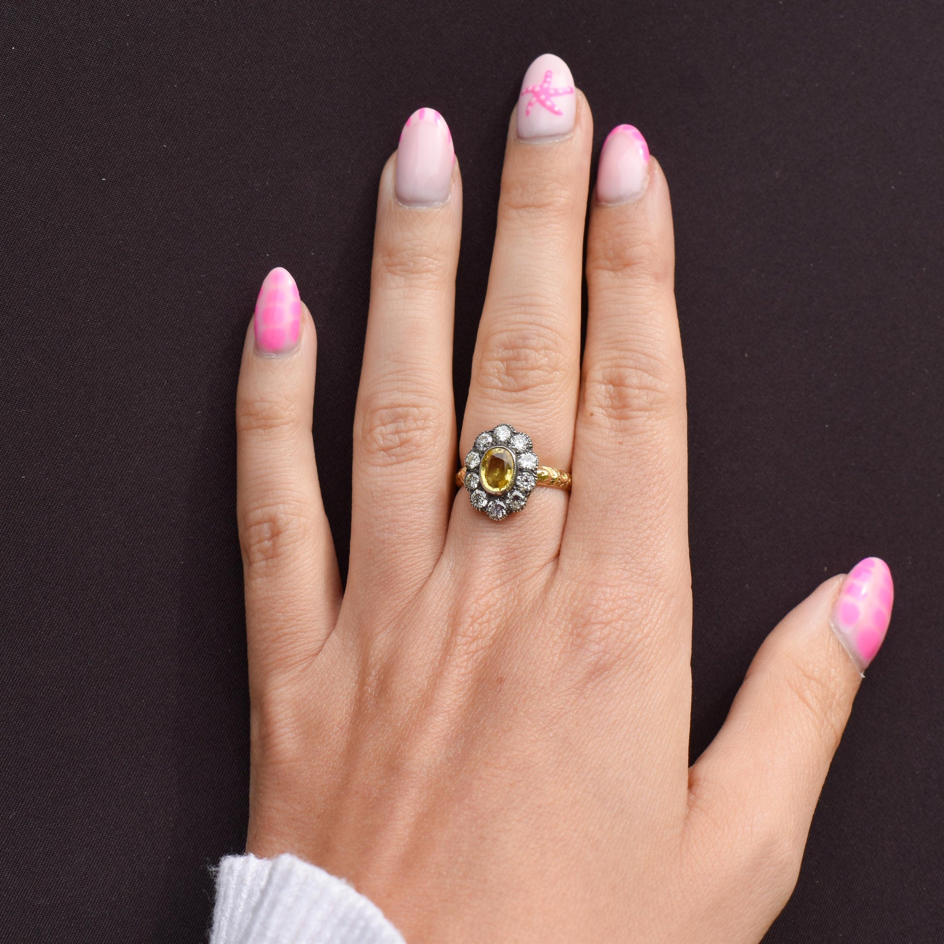 Yellow Sapphire and 0.90ct Old Cut Diamond Oval Cluster 18ct Gold Ring