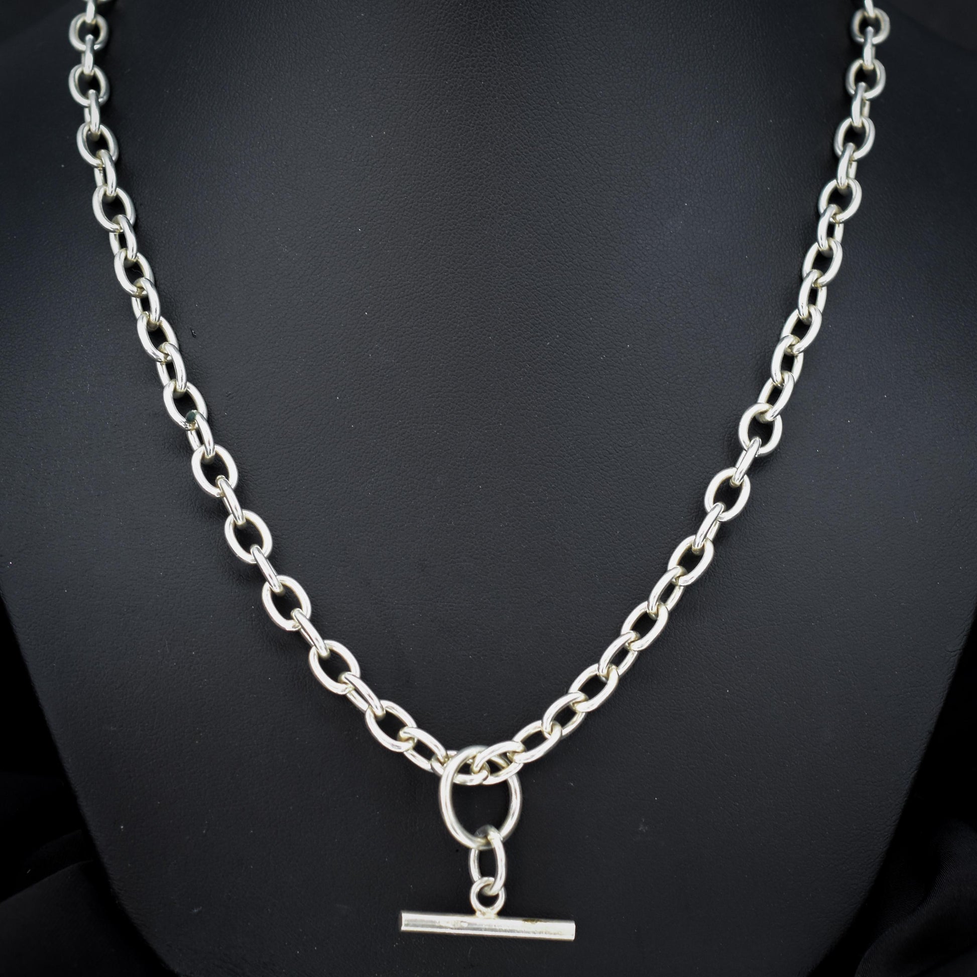 Vintage Sterling Silver Oval Cable Link Watch Chain Necklace with T-Bar and Dog Clips – 18.5"