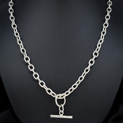 Vintage Sterling Silver Oval Cable Link Watch Chain Necklace with T-Bar and Dog Clips – 18.5"